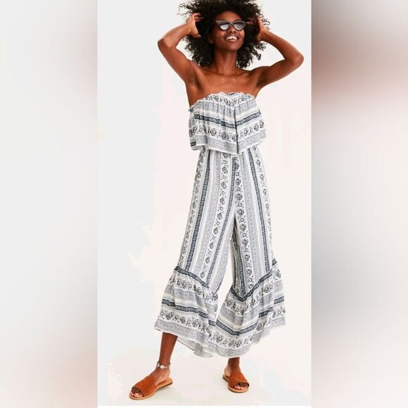 American Eagle Tube Top Jumpsuit Womens L Blue Strapless romper Wide Leg Boho - Picture 1 of 9